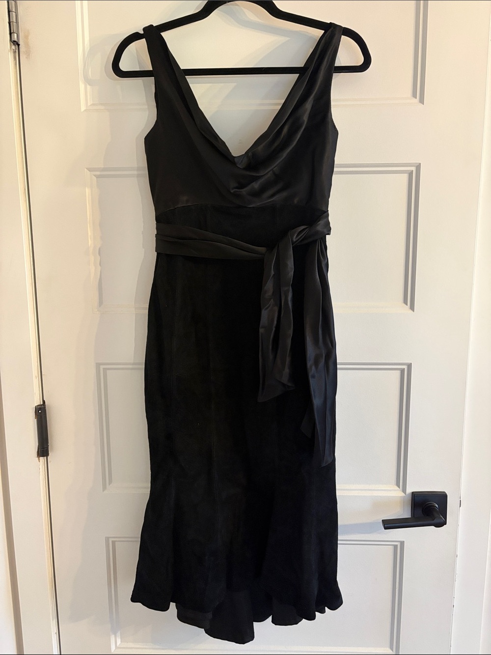 Danier Black Cowl-Neck Suede Midi Dress with Silk Cowl and Belt